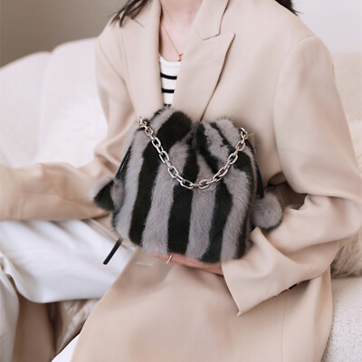 #ad Winter Womens Full pelt Mink Fur Bucket Bag Genuine Leather Crossbody Bag