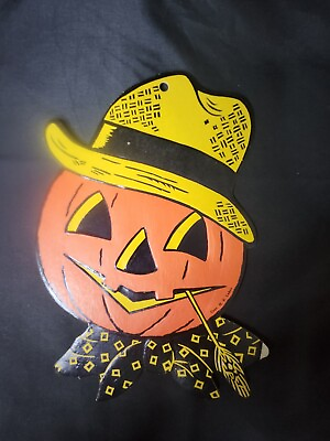 #ad Vintage Halloween H.E. Luhrs Diecut Embossed Pumpkin Jack O Lantern Straw Hat