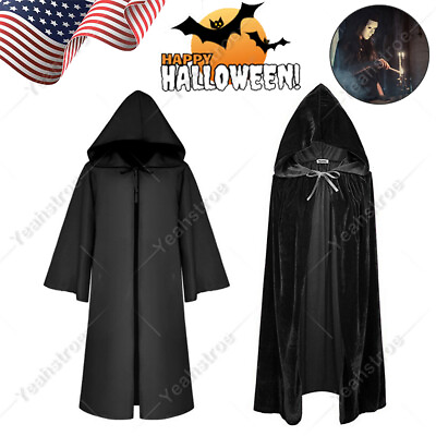 #ad Medieval Velvet Hooded Cloak Wicca Long Robe Halloween Witchcraft Larp Capes US
