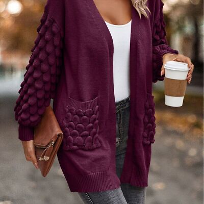 #ad Solid Color V Neck Long Sleeves Knitted Jumper Cardigan Pockets Sweater Womens