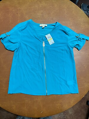 #ad NWT Michael Kors Women#x27;s Tile Blue Zippered Blouse Top Size M MSRP $98 #86 1