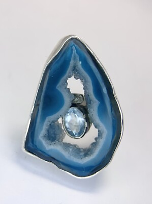 #ad Sterling Silver 925 Blue Agate Druzy Geode Slice amp; Blue Topaz Adjustable Ring