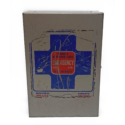 #ad Vintage Blue Cross First Aid Metal Emergency Gray Metal Box Canada 7.75x 5.25x2quot;