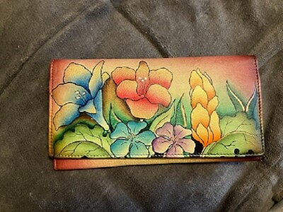 #ad Anuschka hand painted leather wallet checkbook holder tropical floral design