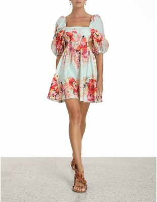 #ad ZIMMERMANN Mae Cut Out Mini Dress Linen Mint Floral Summer Swim 21 RRP $650 Sz 0