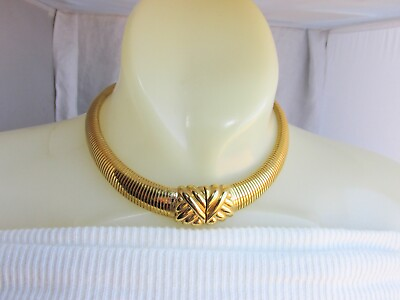 #ad 80s Vintage MONET Flexible Omega Chain Choker Collar Necklace Gold Plate SignEd