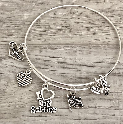 #ad I Love My Soldier Military Freedom Flag Eagle charms Expandable Bangle Bracelet