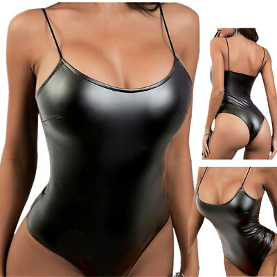 #ad Women Wet Look Bodysuit PVC Leather High Cut Thong Plunging Leotard Catsuit Club