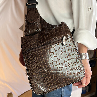 #ad Travelon Chocolate Brown Alligator Print Crossbody Travel Bag Lots of Pockets
