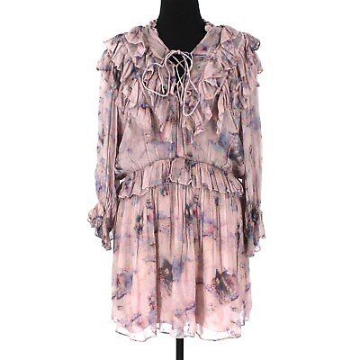 #ad IRO Banon Dress Ruffle Trim Dress 42 Mauve Floral Print Crepe Pleated Mini Large