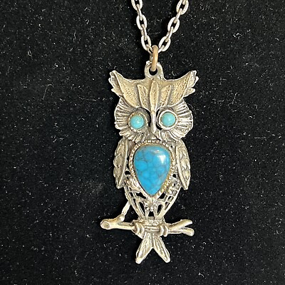 #ad Owl Pendant amp; Chain Antique Silver Tone Synthetic Turquoise Vintage