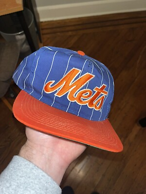 #ad Vintage New York Mets Starter Blue Striped Dome Script Snapback 90s Orange
