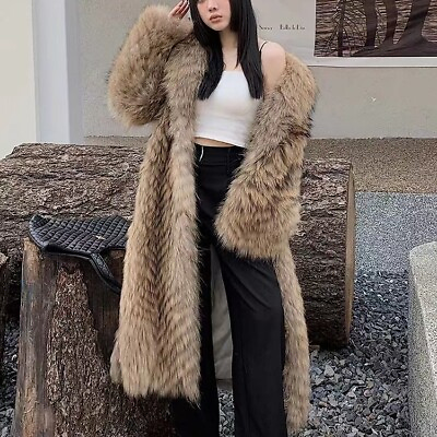 #ad Womens Real Raccoon Fur Winter Warm Long Thicken Jackets Coats Lapel Overcoats