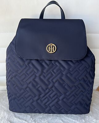 #ad Tommy Hilfiger Nina II Blue Flap Backpack Quilted Smooth Nylon MSRP $118.00 NWT
