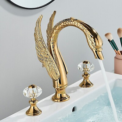 #ad Gold Waterfall Swan 8#x27;#x27; Widespread Bathroom Sink Basin Faucet 3 Holes Mixer Tap