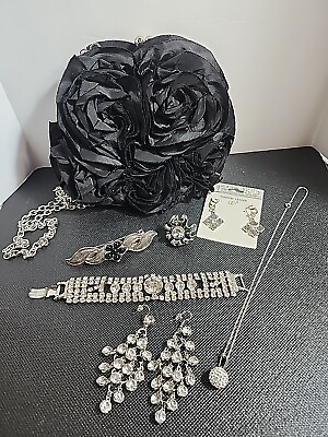 #ad Evening Bag with Accessories Lot of 7 pieces Silver Rhinestone Wedding Prom