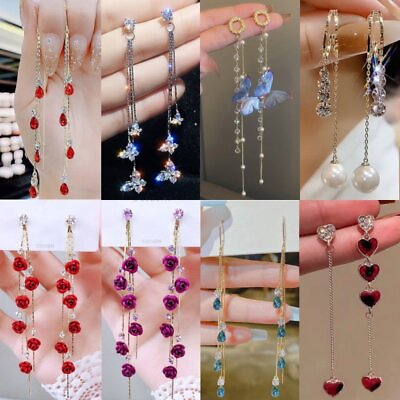 #ad Fashion Zircon Crystal Tassel Earrings Stud Drop Dangle Women Wedding Jewelry