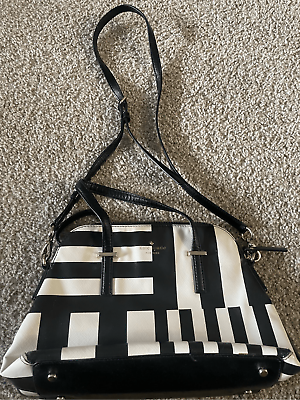 #ad Kate Spade Striped Dome Adjustable Strap Sling Bag Purse Black White