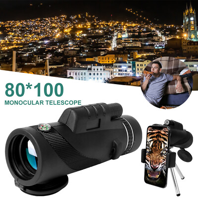 #ad 80X100 Zoom Lens BAK4 Prism Hiking HD Monocular TelescopeCell Phone ClipTripod