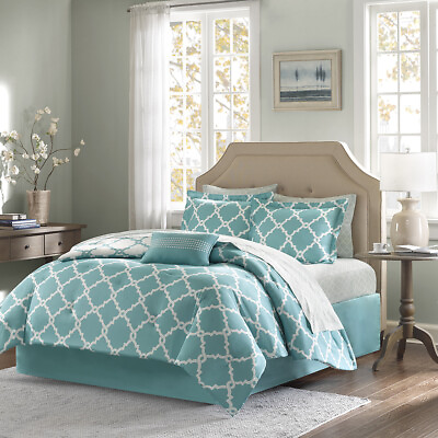 #ad New Madison Park 9 Pc Comforter Queen Bed Set Essentials Merritt Reversible Aqua