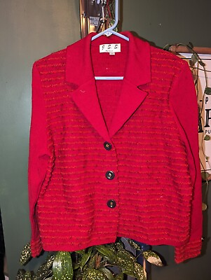 #ad Vintage JSS Wool Blend Cardigan Sweater Red Sparkle Button USA Shoulder Pads