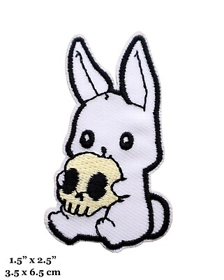#ad Cute White Bunny Rabbit Holding A Skull Embroidered Iron On Patch