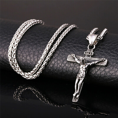 Men Stainless Steel Jesus Christ Crucifix Cross Pendant Chain Necklace