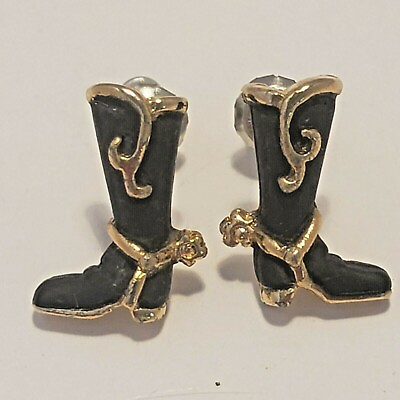 #ad Black Cowboy Spur Boots Earrings Golden Swirls Design Small Stud Style Pierced