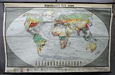 #ad Vintage World Map Mural Earth Economy Rollable Wall Chart Poster