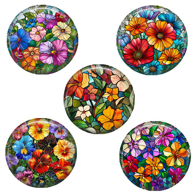 #ad SET OF 5 Flower Garden Magnets Faux Stained Glass Art Print Button Style 1.25quot;