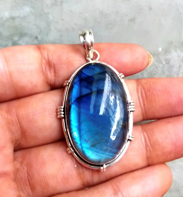 #ad Labradorite Pendant 925 Sterling Silver Blue Flash Gemstone Jewelry MO995