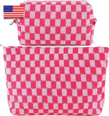 #ad 2Pcs Checkered Makeup Bag for Women Large Capacity Pink Cosmetic Bag Set Travel