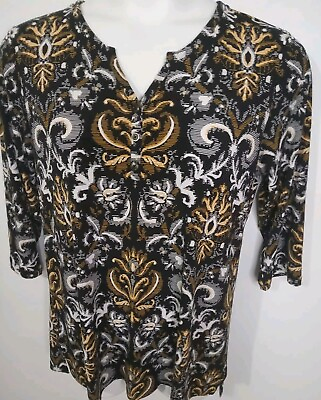#ad CHRISTOPHER amp; BANKS Women#x27;s Lg Pullover Tunic Top Black Gold Paisley Stretch