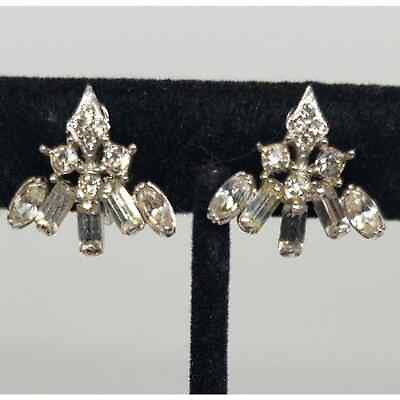#ad Vintage RARE CORO Clear Rhinestone Earrings Prong Set Unusual Design Signed