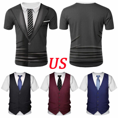 #ad Mens Fake Suit T shirts Tuxedo Tie Vest Printed Shirt Party Performance Costume