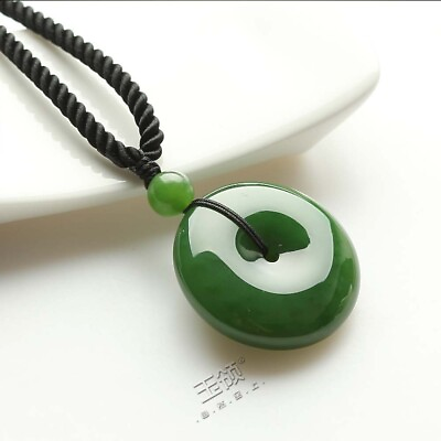 #ad Chinese 100% Natural Hand carved HeTian Jade Pendant Green Necklace Lucky Donuts