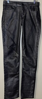 #ad American Eagle Stretch Jegging Jeans Size 6 Black Coated Silvery Denim Metallic