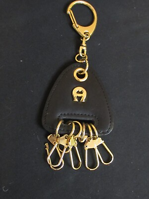 #ad Etienne Aigner Keychain Vintage Leather Goldtone Metal KeyHolder 6 KeyRings Gift