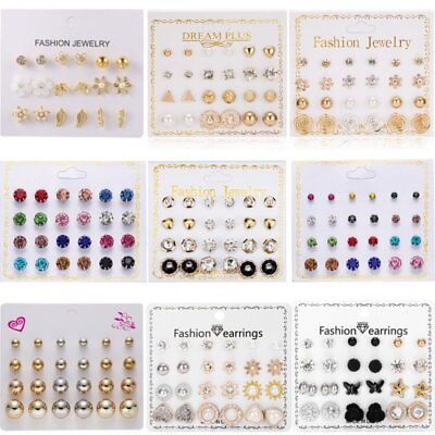 #ad 12pair set Geometric Butterfly Crystal Pearl Stud Earrings Women Jewelry Gift