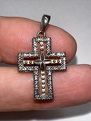 #ad Sterling Silver Cross Charm Pendant Gold Overlay Diamond Cut Open 925 Religious