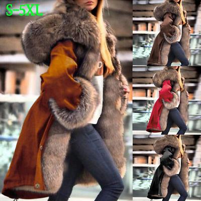 #ad Ladies Faux Fur Coat Womens Winter Warm Thick Long Jacket Outdoor Hooded Parka