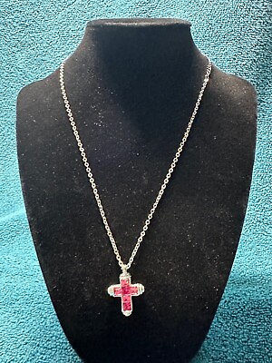 #ad 18K White Gold Plated Crystal Pendant Necklace Christian Pink Cross
