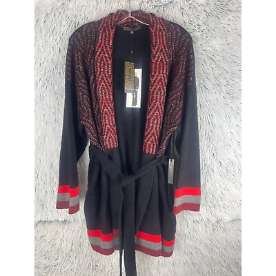 #ad Maxsport Sweater Womans Medium Black Red Trimmed Long Belted Fleece Cardigan NWT