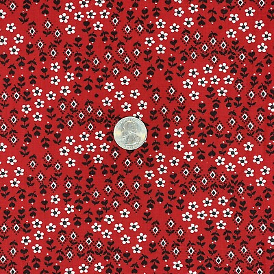 #ad Vintage Petite Floral Fabric Black White on Red Cotton 55quot; x 44quot;