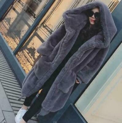 #ad Winter Womens Stylish Knee Length Hooded Warm Fur Coat Overcoats Solid Jackets