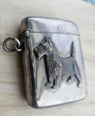 #ad Antique sterling Silver Scottie Dog Scottish Terrier Match Safe Holder M14