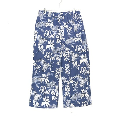 #ad Chadwicks Linen Blend Wide Leg CROP Pants Sz LT Large Tall Blue Tropical Pull On
