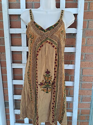 #ad L#x27;Pogee Embroidered Hippie Dress Brown Small Vintage Boho