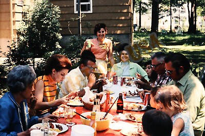 #ad Vtg 1970 Photo Slide Family Back Yard Party Coke Cans X3R134