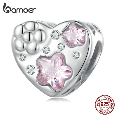 #ad BAMOER 925 Sterling Silver Heart Flower Charm Bracelet Bead quot;love yourselfquot; Gift